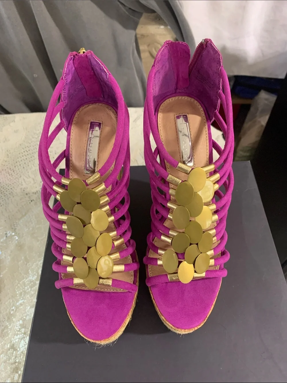 H by Halston Fuchsia Strappy Wedge Sandals with Gold Discs